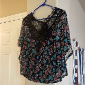 Black and Blue Lace Tie back Blouse with 3/4 Sleeves